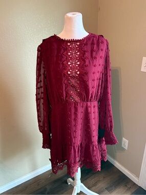 Burgundy Crochet Detail Long Sleeve Mini Dress lulus
